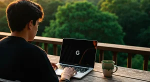 Um jovem empreendedor trabalhando em um laptop em um deck de madeira com vista para uma floresta verde exuberante ao nascer do sol, ilustrando a flexibilidade do dropshipping.