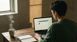 Dropshipping: Desvendando o Modelo de Negócio para o Sucesso Online Pessoa em um escritório doméstico, focada na tela do laptop, gerenciando pedidos de dropshipping em uma mesa de madeira texturizada. Luz natural quente ilumina o ambiente.