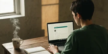 Pessoa em um escritório doméstico, focada na tela do laptop, gerenciando pedidos de dropshipping em uma mesa de madeira texturizada. Luz natural quente ilumina o ambiente.