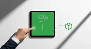 Dropshipping Prático: Estratégias Essenciais para Alavancar Suas Vendas Online Fotografia profissional de um modelo de negócio de dropshipping, com uma mão apontando para uma interface de loja online em um tablet, e uma linha verde abstrata conectando à imagem de um pacote, simbolizando o envio direto do fornecedor, tudo em um fundo branco minimalista.