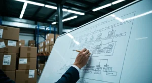 Pessoa em um escritório de armazém, analisando um fluxograma logístico complexo em um quadro branco, com caixas de papelão ao redor e iluminação industrial nítida, simbolizando os desafios do dropshipping.