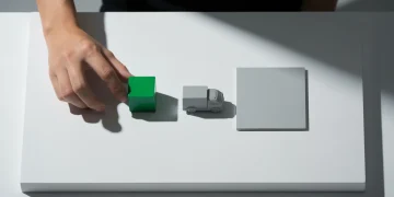 Cenário minimalista e moderno de dropshipping, com mão posicionando um cubo verde sobre superfície branca, simbolizando um pedido, ao lado de um caminhão de entrega e um quadrado vazio. Representa o fluxo logístico sem estoque, sob luz de estúdio suave.
