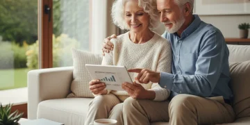 Casal idoso sorrindo e planejando finanças para aposentadoria tranquila