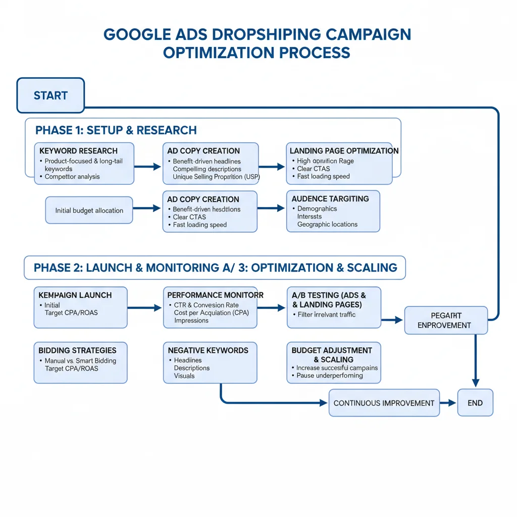 Fluxograma detalhado do processo de otimização de campanhas Google Ads para dropshipping.