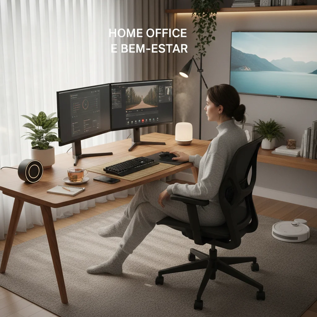 Ambiente de home office confortável e produtivo com produtos de bem-estar