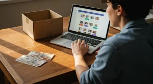 Dropshipping: O Guia Definitivo para Desvendar o Modelo e Multiplicar Seus Ganhos Pessoa em uma escrivaninha de madeira com laptop e dinheiro, representando o papel de intermediário no dropshipping e a gestão de um negócio online. A luz quente do sol da tarde realça a cena e as texturas.