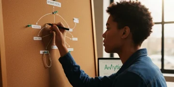 Pessoa focada em um diagrama de modelo de negócios de dropshipping em um quadro de cortiça, ilustrando a conexão entre cliente e fornecedor, com iluminação natural suave.