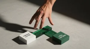 A Psicologia da Venda: Desvendando Gatilhos Mentais para Turbinar Suas Conversões Mão de uma pessoa prestes a interagir com um diagrama geométrico abstrato que representa gatilhos mentais, simbolizando a decisão entre visitante curioso e cliente fiel em marketing de conversão.