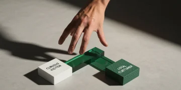 Mão de uma pessoa prestes a interagir com um diagrama geométrico abstrato que representa gatilhos mentais, simbolizando a decisão entre visitante curioso e cliente fiel em marketing de conversão.