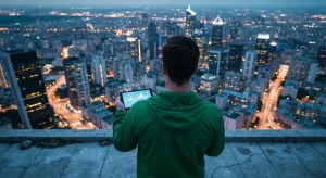 Vista aérea de um empreendedor em dropshipping sobre um telhado, contemplando uma cidade movimentada e iluminada ao anoitecer, representando a complexidade do mercado de e-commerce e a busca por inovação.