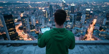 Vista aérea de um empreendedor em dropshipping sobre um telhado, contemplando uma cidade movimentada e iluminada ao anoitecer, representando a complexidade do mercado de e-commerce e a busca por inovação.