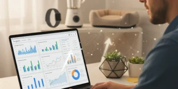 Pessoa analisando dados do Google Ads para otimização de dropshipping, com gráficos e produtos em segundo plano.
