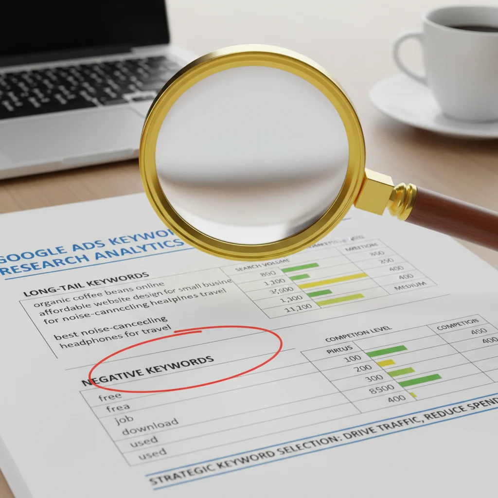 Lupa examinando relatório de palavras-chave do Google Ads, destacando termos de cauda longa para dropshipping.