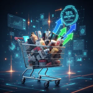 Dropshipping: Aumente seu Ticket Médio em 18% com Upsell e Cross-sell até 2026 Carrinho de compras cheio com setas de crescimento, simbolizando o aumento do ticket médio no dropshipping.