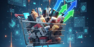 Carrinho de compras cheio com setas de crescimento, simbolizando o aumento do ticket médio no dropshipping.