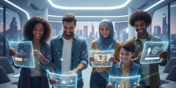 Clientes satisfeitos interagindo com interfaces digitais personalizadas