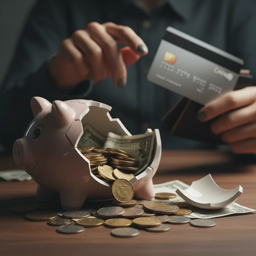 Cofre quebrado e moedas espalhadas, simbolizando gastos descontrolados e falta de orçamento.