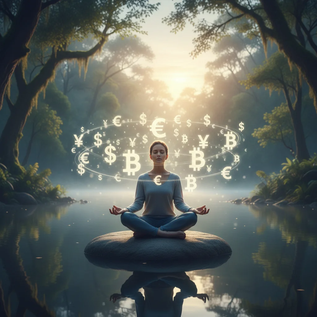 Pessoa meditando com símbolos de dinheiro, representando controle emocional financeiro.