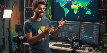 Criador de conteúdo brasileiro gravando vídeo para YouTube com equipamentos profissionais