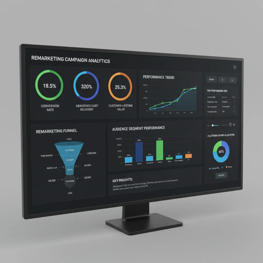 Painel de controle de remarketing com métricas de desempenho e análise de dados.