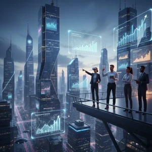 Empreendedores analisando gráficos financeiros e projeções de crescimento em um ambiente futurista em 2026.