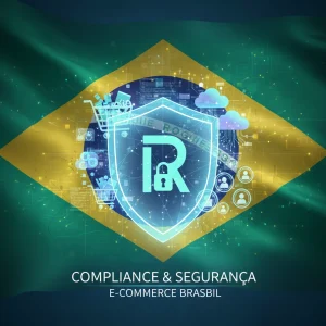Digital shield protecting online business elements against a Brazilian flag background, symbolizing regulatory compliance.