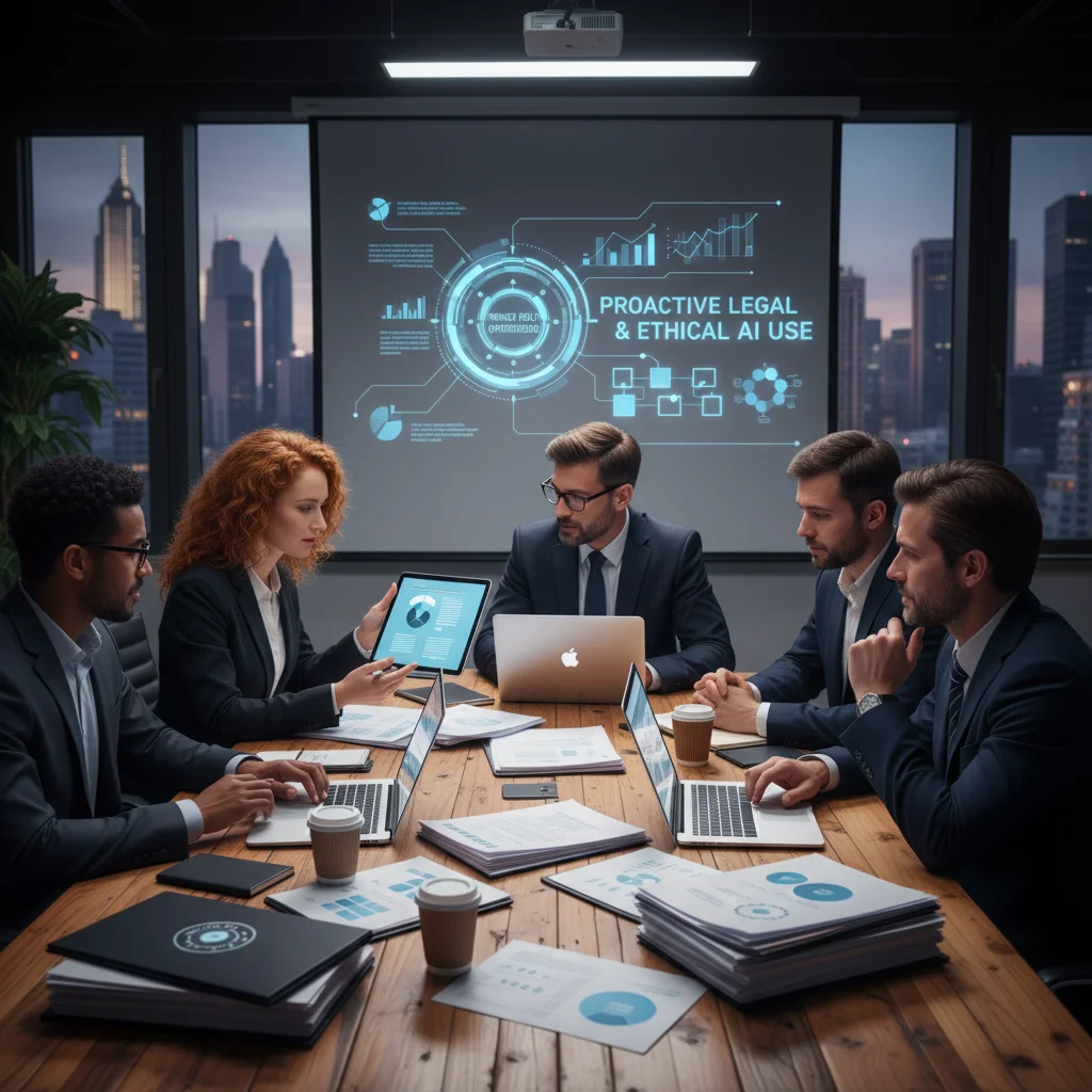 Profissionais de negócios e advogados discutindo estratégias de conformidade legal para empresas online.