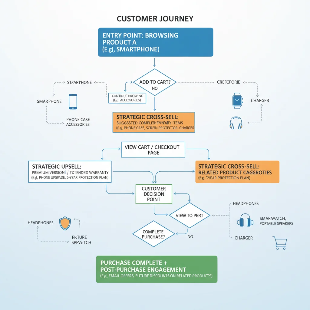 Fluxo de cliente com pontos estratégicos para ofertas de upsell e cross-sell em e-commerce.