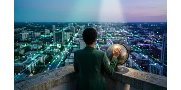 Empreendedor contemplando o cenário noturno de uma cidade iluminada, simbolizando a complexidade e a vasta rede do e-commerce e dropshipping global, com luzes verdes e azuis refletindo os desafios do mercado digital.