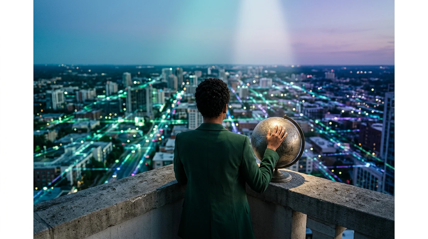 Empreendedor contemplando o cenário noturno de uma cidade iluminada, simbolizando a complexidade e a vasta rede do e-commerce e dropshipping global, com luzes verdes e azuis refletindo os desafios do mercado digital.