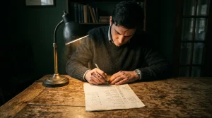 Pessoa examinando uma planilha financeira manuscrita em uma mesa de carvalho rústica, sob a luz dramática de um abajur de latão, simbolizando o início do diagnóstico financeiro pessoal.