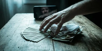 Mão borrada de empreendedor tentando separar notas de dinheiro de negócio organizadas de um monte de recibos pessoais e moedas amassadas em uma mesa de madeira rústica, simbolizando a confusão financeira.