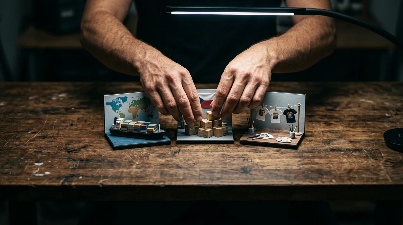 Mãos arranjando dioramas de dropshipping internacional, nacional e Print-on-Demand em uma bancada de madeira, simbolizando complexidades logísticas e de modelos de negócio.