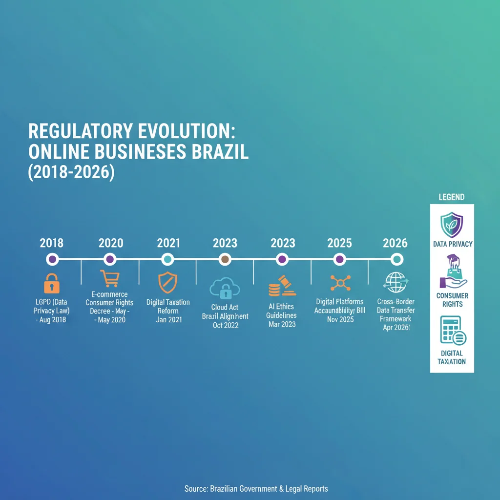 Infográfico com linha do tempo das mudanças regulatórias para negócios online no Brasil até 2026.