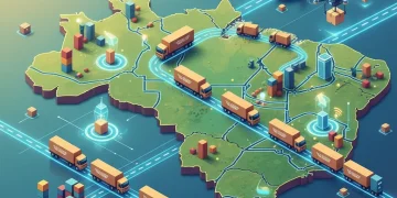 Mapa do Brasil com elementos de logística, como caminhões e caixas, simbolizando a eficiência no dropshipping brasileiro.