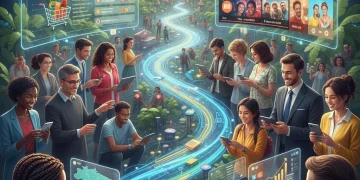 Panorama futurista do marketing digital no Brasil em 2026 com gráficos de crescimento e diversas plataformas digitais