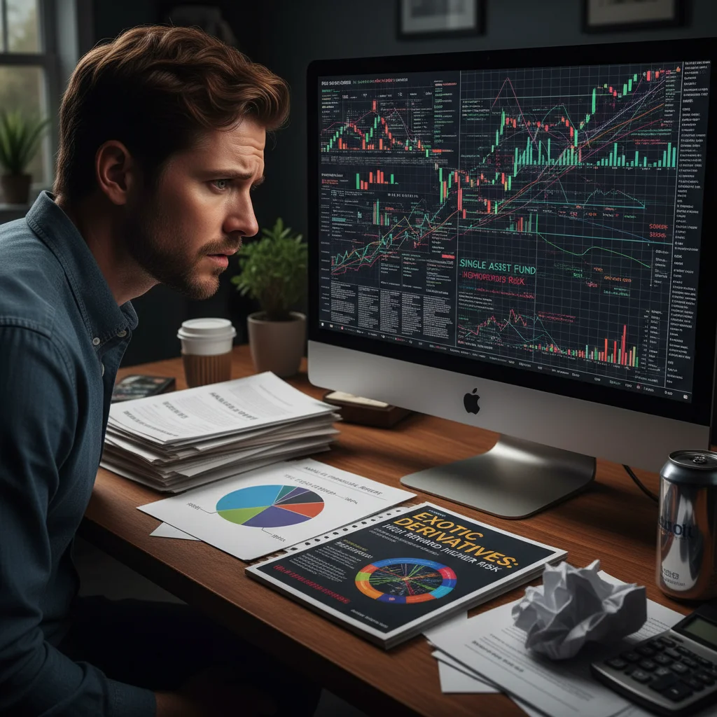 Pessoa confusa olhando gráfico de investimentos, representando falta de diversificação e conhecimento financeiro.