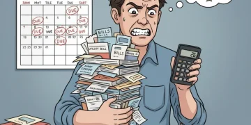 Pessoa estressada com contas e calculadora, simbolizando erros financeiros pessoais.