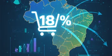 Carrinho de compras digital com seta de recuperação e mapa do Brasil, representando remarketing para e-commerce.