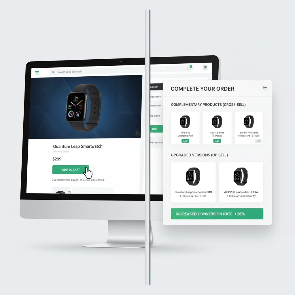 Tela dividida com produto principal e sugestões de upsell e cross-sell antes do checkout em loja online.