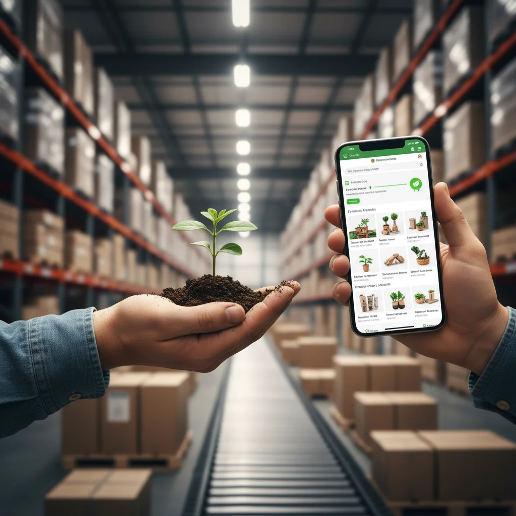 Mãos segurando broto e smartphone, representando a cadeia de suprimentos sustentável no dropshipping