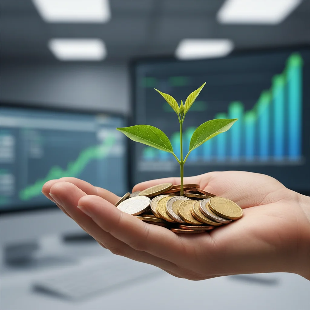 Mão segurando planta crescendo de moedas, simbolizando crescimento financeiro.