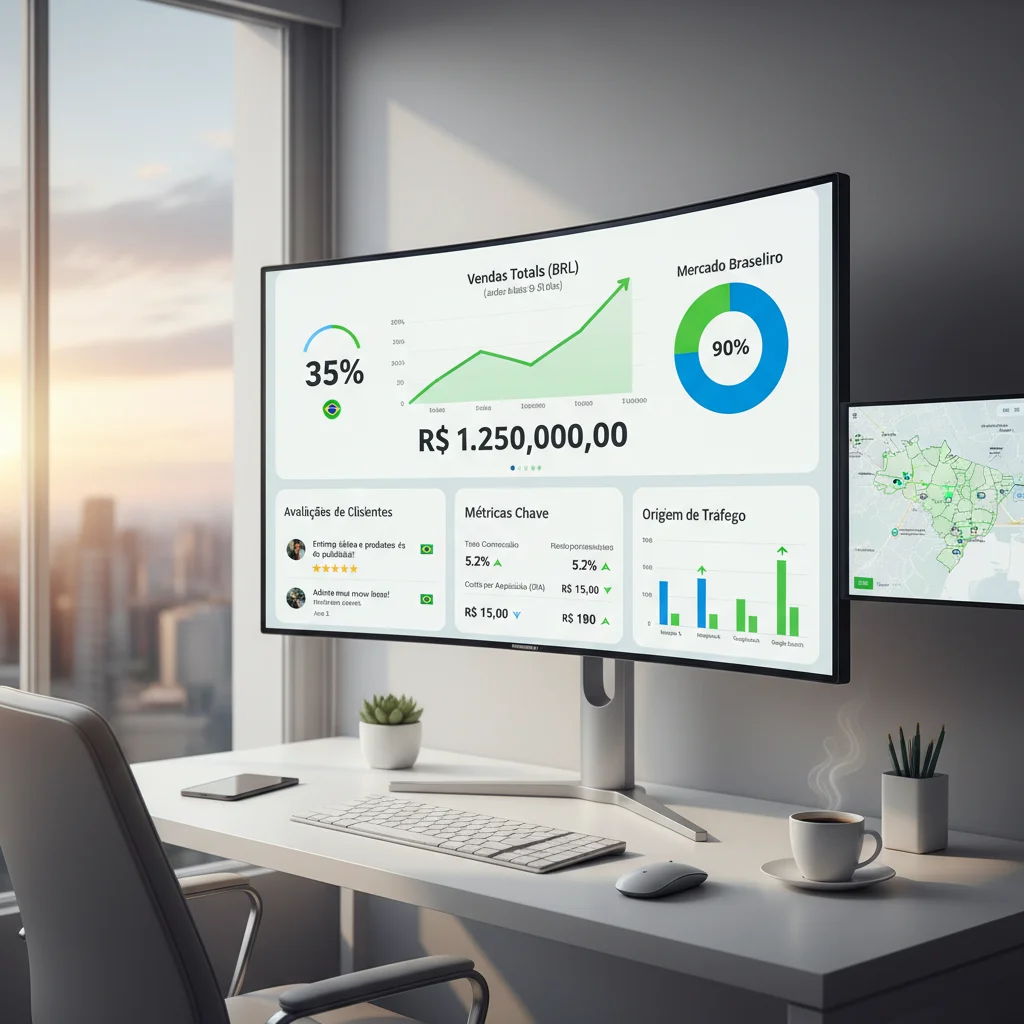Painel de controle de e-commerce com métricas de vendas crescentes e avaliações positivas de clientes para dropshipping.