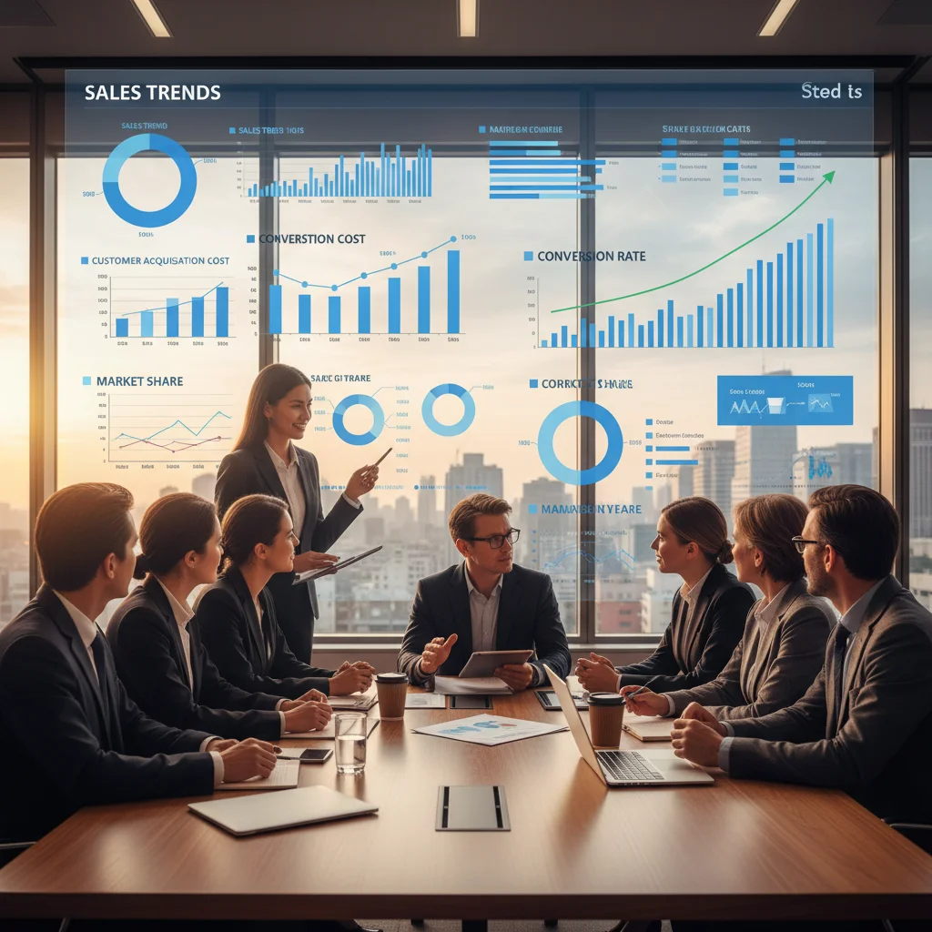 Equipe de negócios analisando dados de e-commerce em uma tela grande