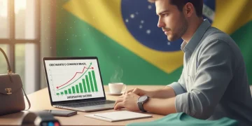 Homem analisando dados de crescimento de negócio de dropshipping no Brasil, com gráficos e produtos diversos.