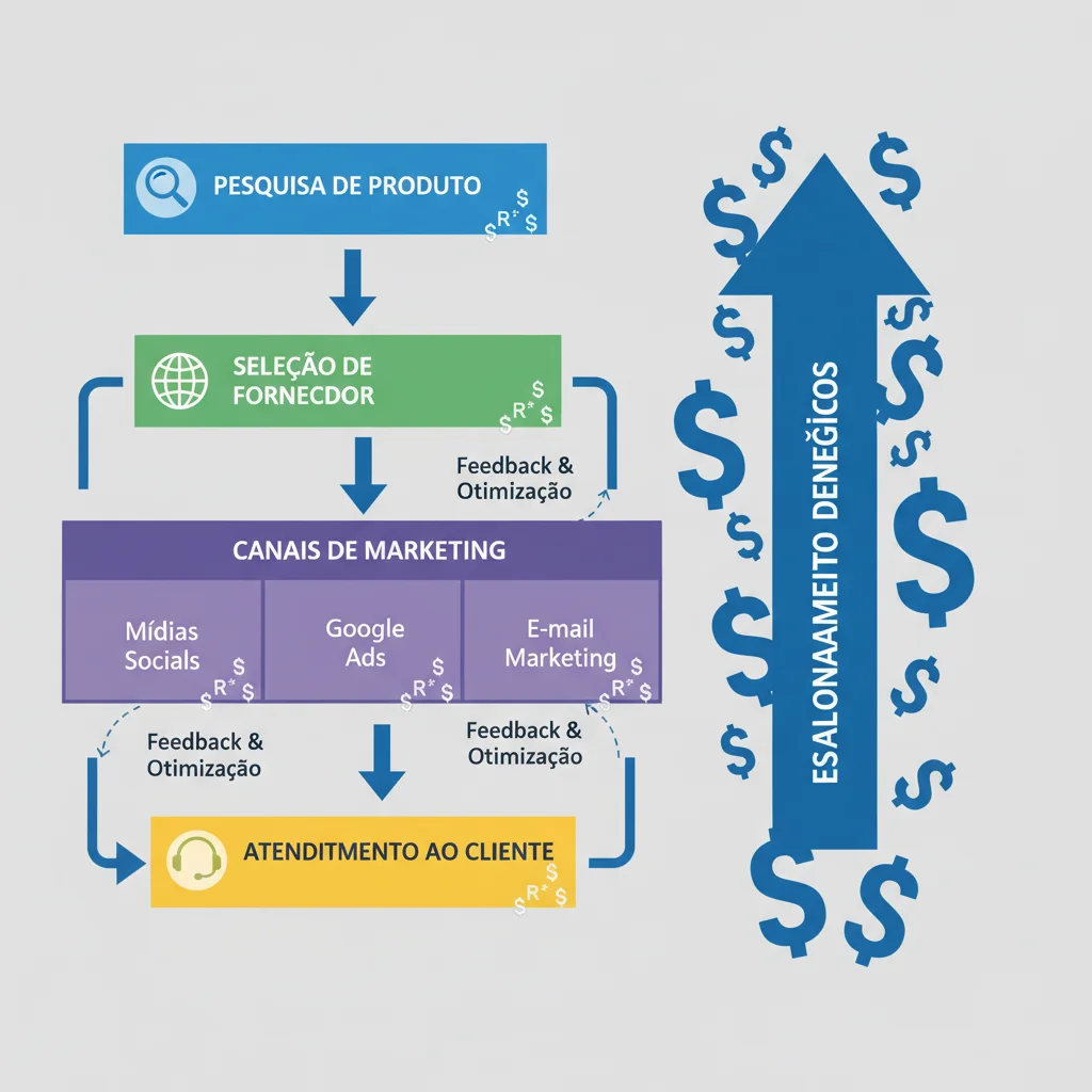 Fluxograma detalhando o processo de escalonamento de um negócio de dropshipping, desde a pesquisa de produtos até a otimização de marketing.