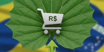 Folha verde com carrinho de compras, simbolizando dropshipping sustentável no Brasil