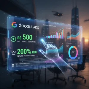 Painel futurista de Google Ads com métricas de ROI de 200% para investimento de R$ 500 em 2026.