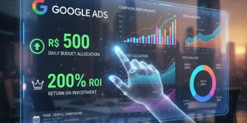 Painel futurista de Google Ads com métricas de ROI de 200% para investimento de R$ 500 em 2026.