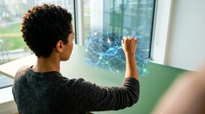 Pessoa analisando projeção holográfica de redes neurais e dados, focada em gatilhos mentais para estratégias de dropshipping e psicologia do consumidor.